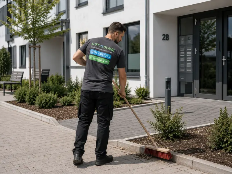 Mitarbeiter von Luft & Glanz kehrt den Eingangsbereich einer Wohnanlage